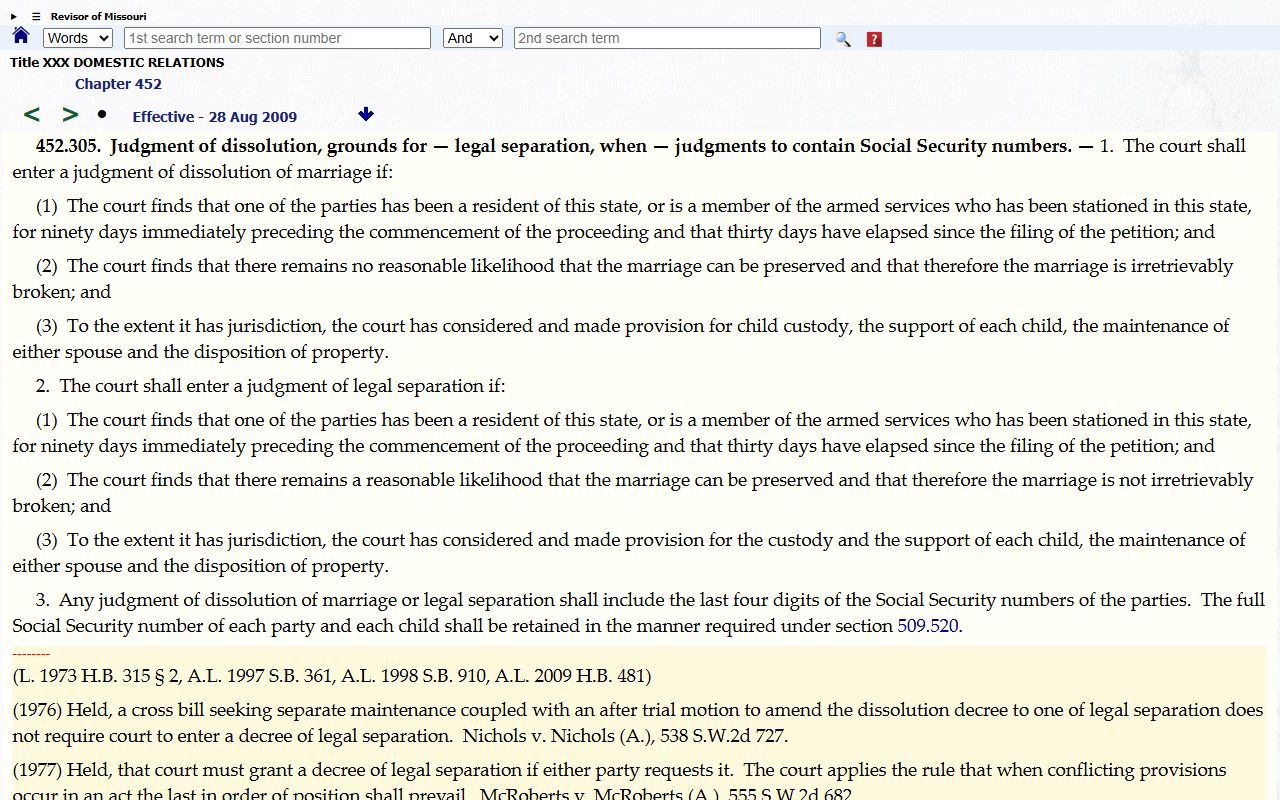 Washington County marriage and divorce records Missouri dissolution statute