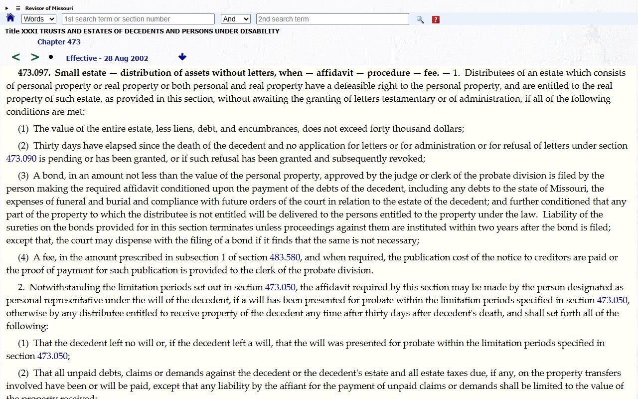 Washington County probate records Missouri small estate statute