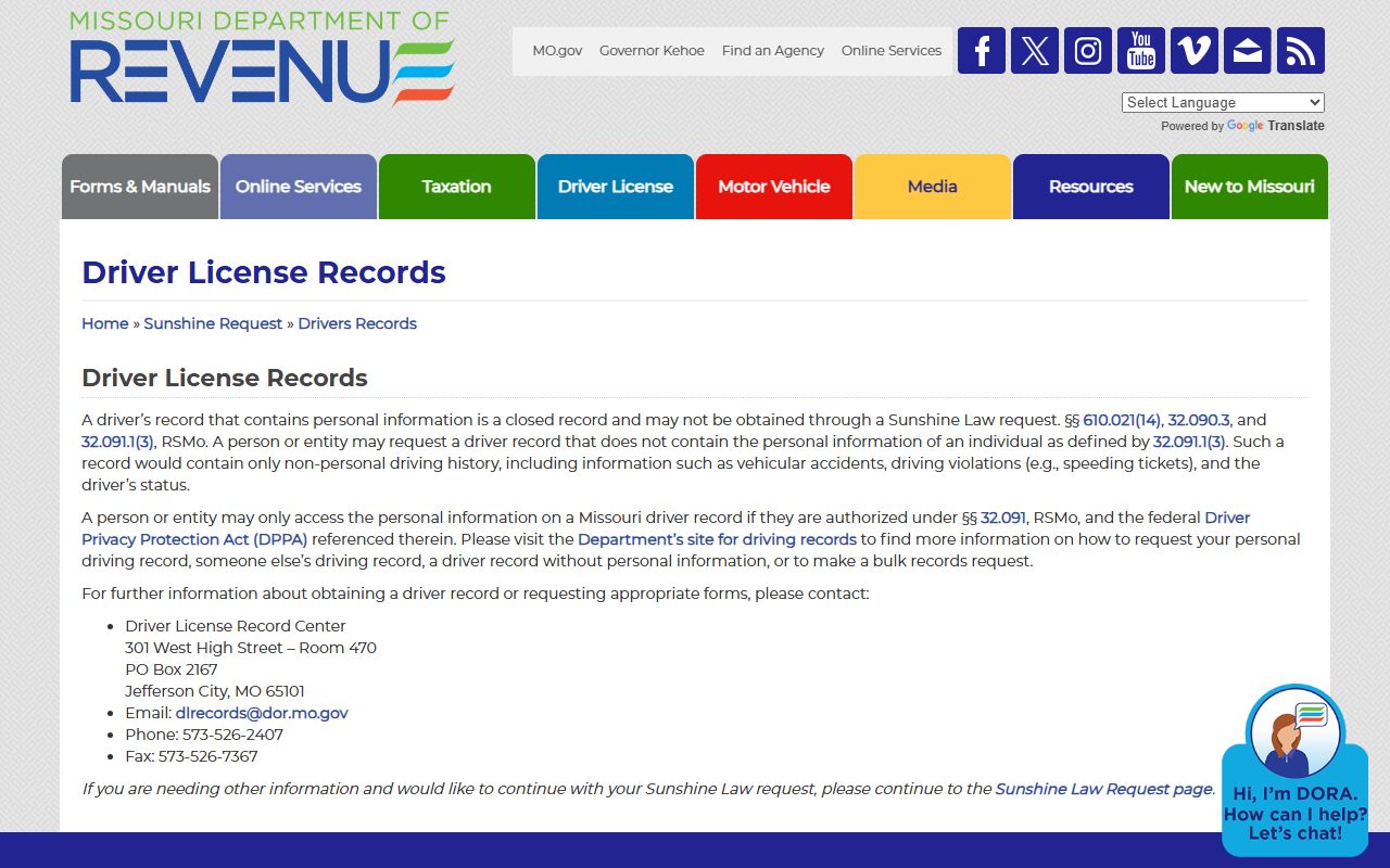 Washington County traffic court records Missouri DOR driver record access