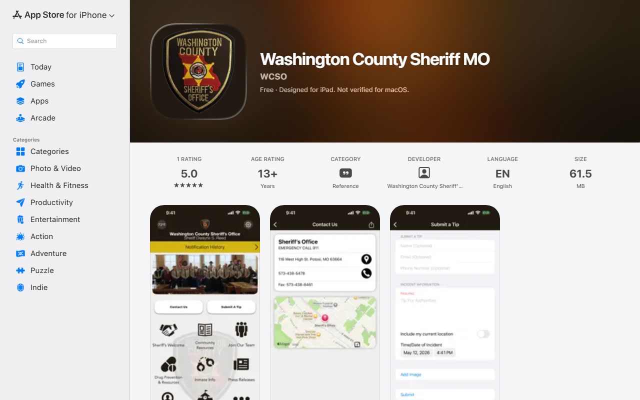 Washington County warrant records Sheriff MO app listing